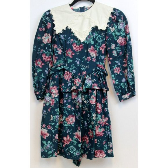 VTG 90s Polly Flinders Girl Sz 10 Floral Dress Bib Collar Peplum Puff Sleeves - Picture 1 of 11